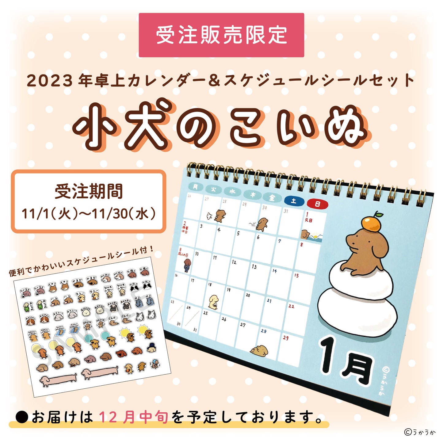 【受注販売終了しました】小犬のこいぬ 2023年卓上カレンダー&スケジュールシールセット/うかうか
